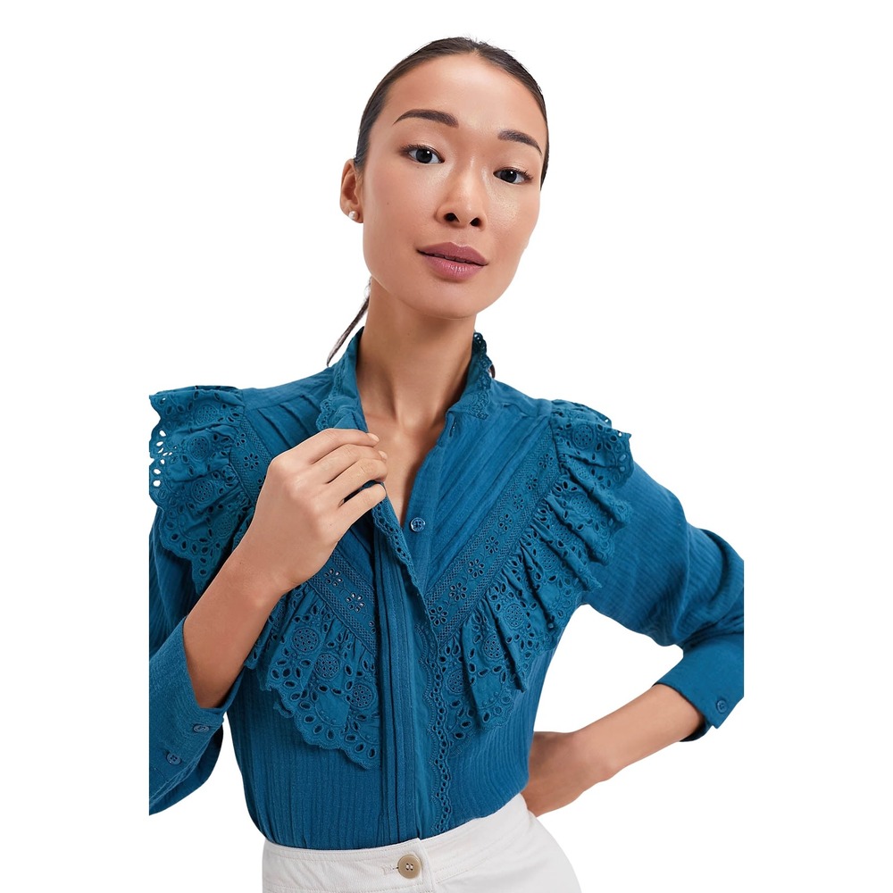 Tuckernuck Hyacinth House Palmer Teal Long Sleeve Button Up Eyelet Blouse - S